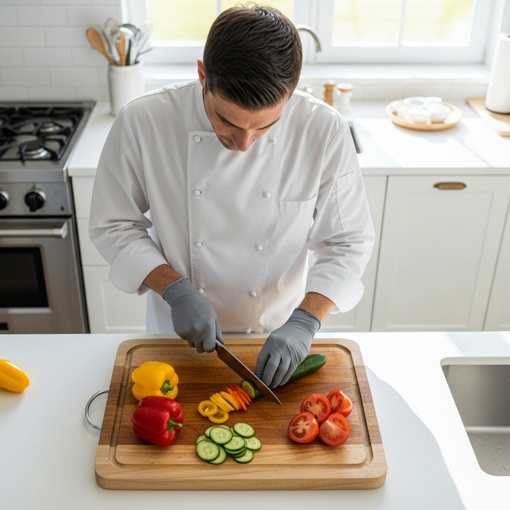 Chef Using GuardPro Gloves While Cutting Vegetables